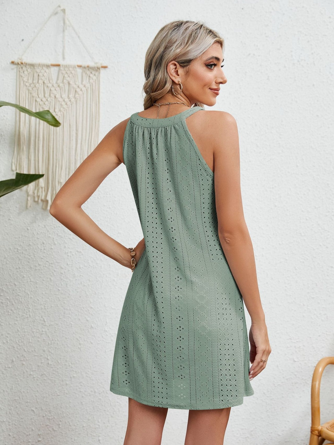 Eyelet Grecian Neck Mini Dress - store name